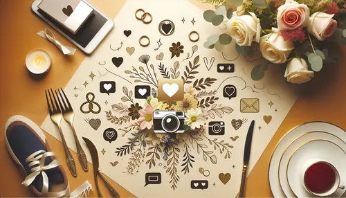 A beautifully designed graphic featuring wedding and Instagram themes, suitable for an article about wedding guest Instagram captions