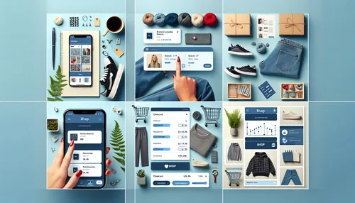 A collage of Instagram shopping features including product tags, checkout, and shop tab