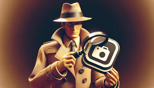 Detective with magnifying glass inspecting an Instagram icon