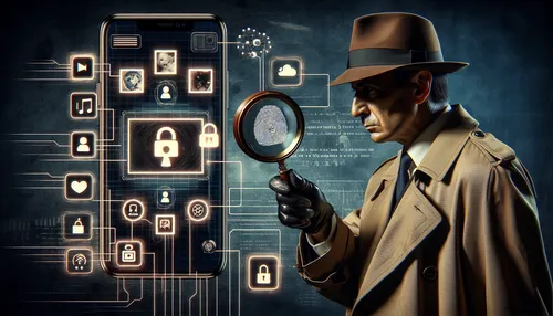 Cybersecurity and privacy concerns with a stylized representation of Instagram and detective elements