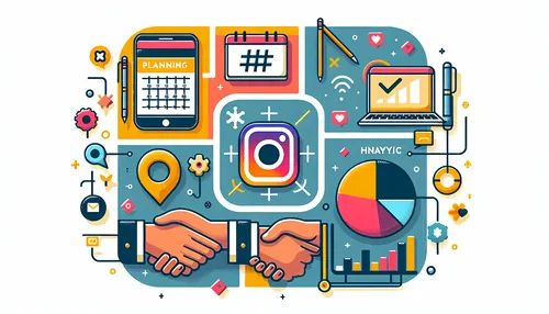 An image concept of Instagram hashtags and strategy, featuring icons of hashtags, planning, analytics, and social media engagement.