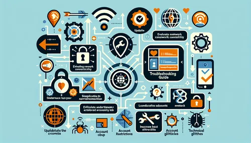 Instagram troubleshooting guide with various icons representing updating app, connectivity, account restrictions, and technical glitches