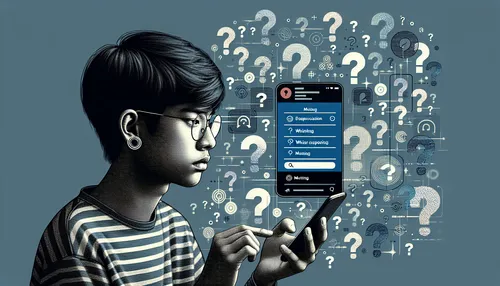 An illustrated depiction of someone using Instagram on their phone with question marks indicating confusion about muting features.